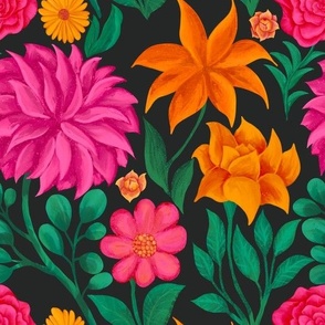 Hot pink and Orange flowers with deep green leaves on a black background