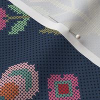 (L) Cross stitch embroidery flower buds on navy