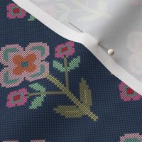 (M) Cross stitch embroidery flower buds on navy