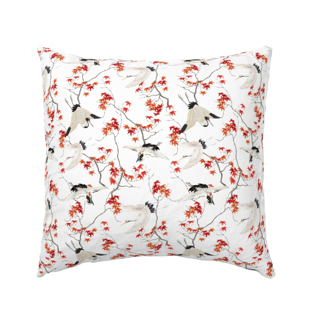 Antiqued  asian white hand painted flying cranes in forest - white small