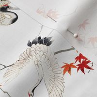 Antiqued  asian white hand painted flying cranes in forest - white small