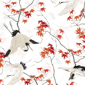 Antiqued  asian white hand painted flying cranes in forest - white double layer