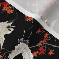 Antiqued  asian white hand painted flying cranes in forest - black small