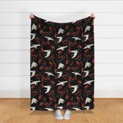 Antiqued  asian white hand painted flying cranes in forest - black double layer