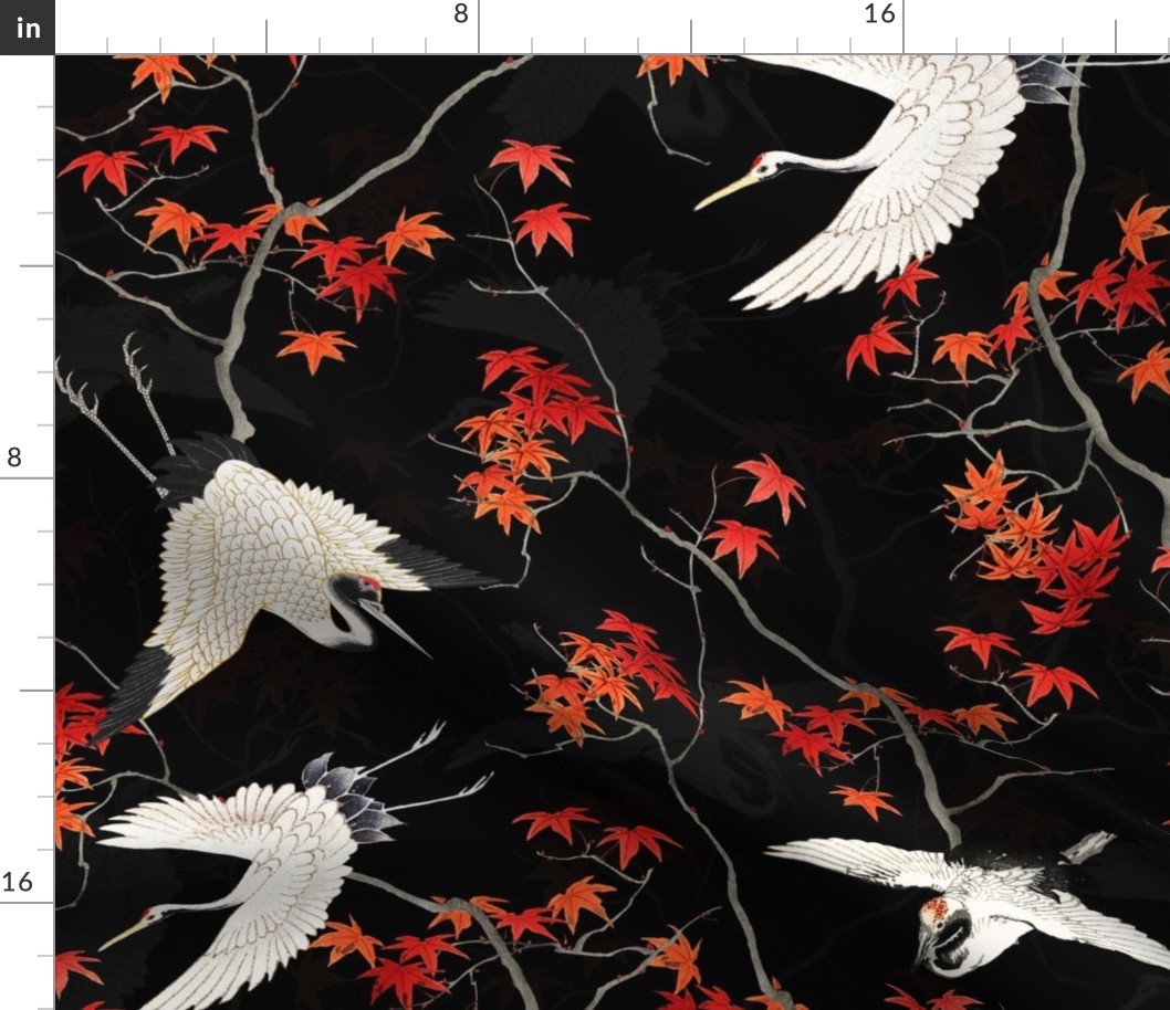 Antiqued  asian white hand painted flying cranes in forest - black double layer