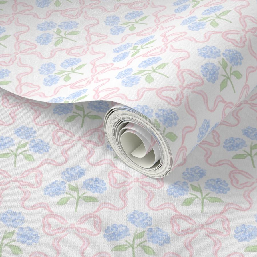 Blue Hydrangea Bouquet with Pink Bow Wallpaper | Spoonflower