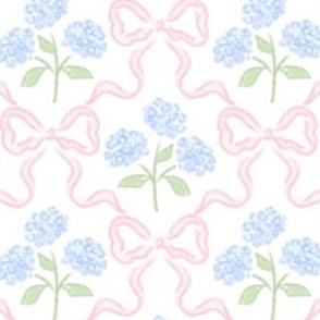 Blue Hydrangea Bouquet with Pink Bow Trellis Lattice Scallop Grand Millennial Preppy Ditsy Floral PF127D