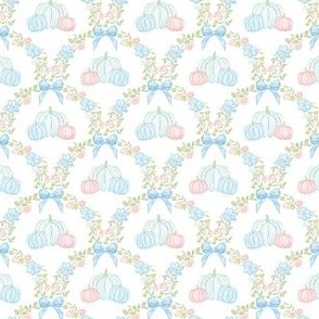 Fall Blue and Pink Bow Pumpkin Floral Scallop Trellis Autumnal Leaves Flowers Ribbon Preppy Grand Millennial Small Scale PF135C