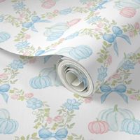 Fall Blue and Pink Bow Pumpkin Floral Scallop Trellis Autumnal Leaves Flowers Ribbon Preppy Grand Millennial PF135C