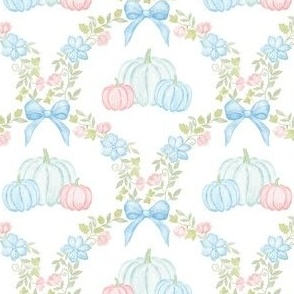 Fall Blue and Pink Bow Pumpkin Floral Scallop Trellis Autumnal Leaves Flowers Ribbon Preppy Grand Millennial PF135C