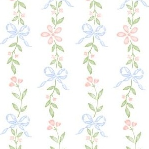Pink and Blue Bow Floral Ditsy Stripe Preppy  Grandmillennial Flowers Ribbon Climbing Vine PF084B