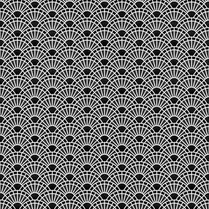 Serene Sunshine- 01 Black- Art Deco Wallpaper- Geometric Minimalist Monochromatic Scalloped Suns- Petal Cotton Solids Coordinate- Black and White- Mini