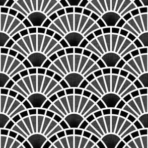 Serene Sunshine- 01 Black- Neutral Art Deco Wallpaper- Geometric Minimalist Monochromatic Scalloped Suns- Petal Cotton Solids Coordinate- Black and White- Halloween- Medium