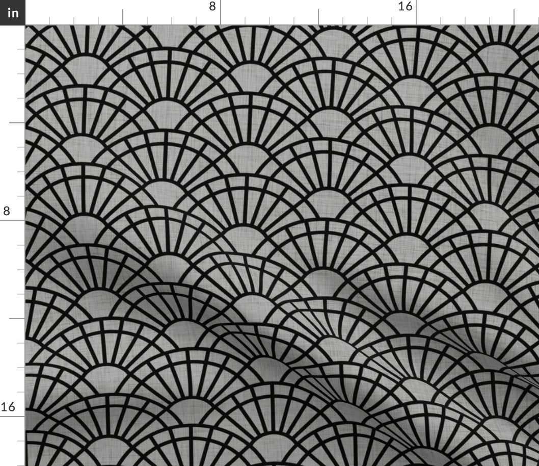 Serene Sunshine- 01 Black on Gray- Art Deco Wallpaper- Geometric Minimalist Monochromatic Scalloped Suns- Petal Cotton Solids Coordinate-Halloween-  Small