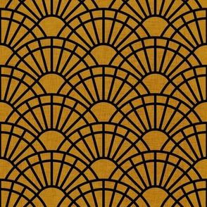 Serene Sunshine- 01 Black on Mustard- Art Deco Wallpaper- Geometric Minimalist Monochromatic Scalloped Suns- Petal Cotton Solids Coordinate- Medium
