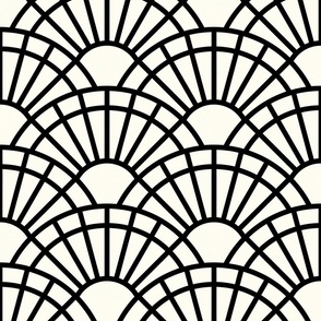 Serene Sunshine- 01 Black on Natural- Art Deco Wallpaper- Geometric Minimalist Monochromatic Scalloped Suns- Ivory- Off White- Petal Cotton Solids Coordinate- Large