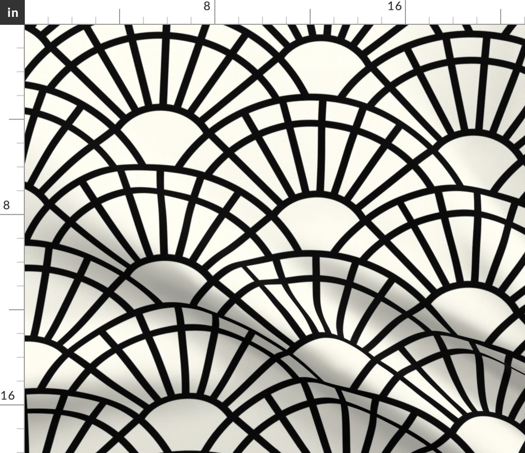 Serene Sunshine- 01 Black on Natural- Art Deco Wallpaper- Geometric Minimalist Monochromatic Scalloped Suns- Ivory- Off White- Petal Cotton Solids Coordinate- Large