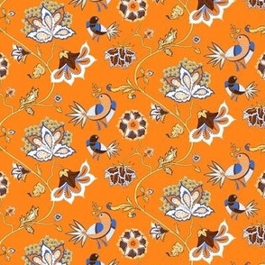 Chintz with birds - orange blue brown