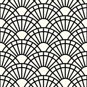 Serene Sunshine- 01 Black on Natural- Art Deco Wallpaper- Geometric Minimalist Monochromatic Scalloped Suns- Ivory- Off White- Petal Cotton Solids Coordinate- Medium