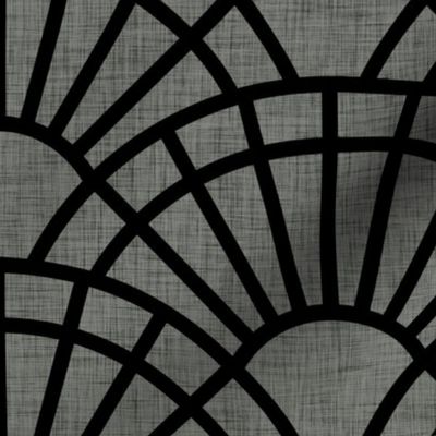 Serene Sunshine- 01 Black on Pewter Gray- Art Deco Wallpaper- Geometric Minimalist Monochromatic Scalloped Suns- Petal Cotton Solids Coordinate-Halloween-  Large