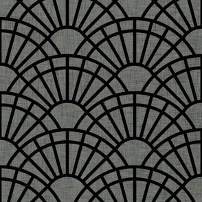 Serene Sunshine- 01 Black on Pewter Gray- Art Deco Wallpaper- Geometric Minimalist Monochromatic Scalloped Suns- Petal Cotton Solids Coordinate-Halloween-  Large