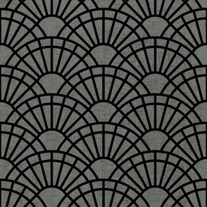 Serene Sunshine- 01 Black on Pewter Gray- Art Deco Wallpaper- Geometric Minimalist Monochromatic Scalloped Suns- Petal Cotton Solids Coordinate-  Halloween- Medium