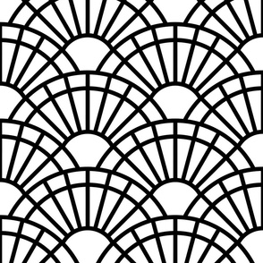 Serene Sunshine- 01 Black on White- Art Deco Wallpaper- Geometric Minimalist Monochromatic Scalloped Suns- Petal Cotton Solids Coordinate- Halloween- Large