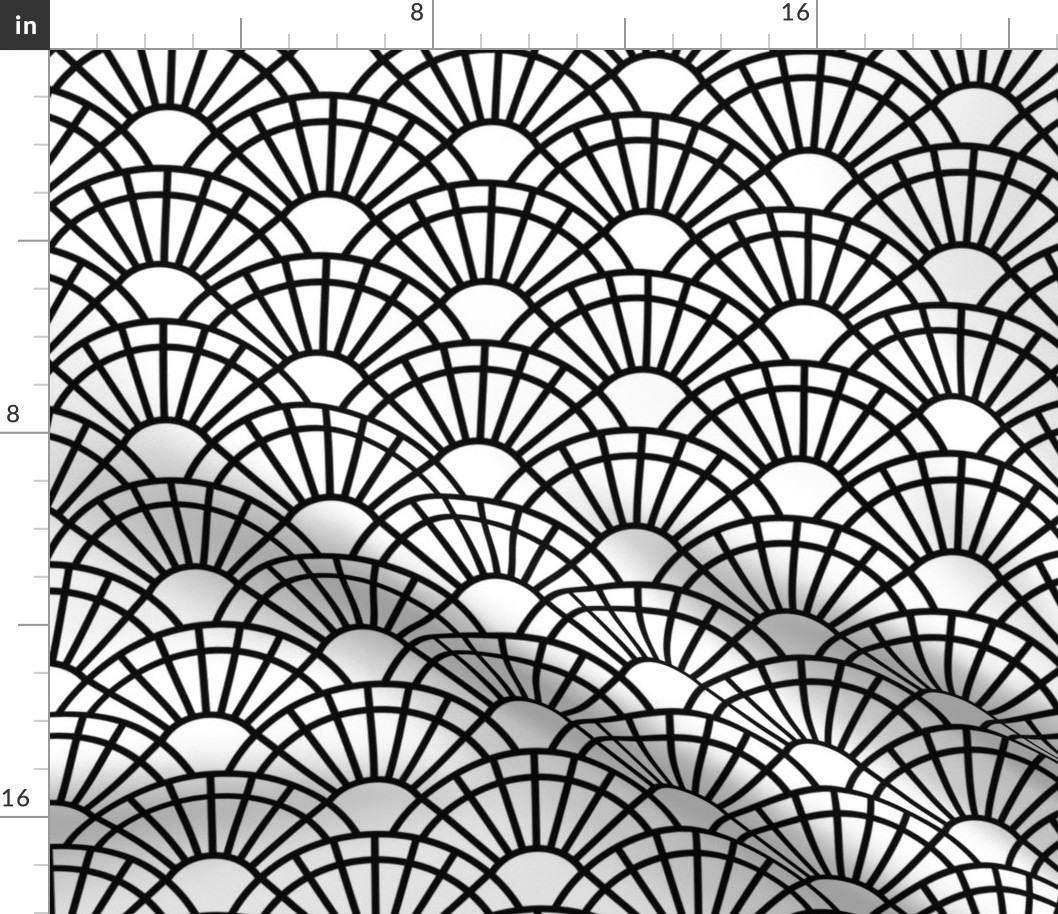Serene Sunshine- 01 Black on White- Art Deco Wallpaper- Geometric Minimalist Monochromatic Scalloped Suns- Petal Cotton Solids Coordinate-Halloween- Small