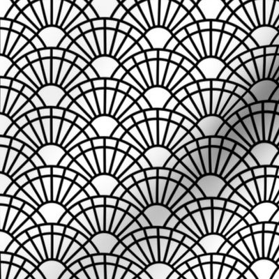 Serene Sunshine- 01 Black on White- Art Deco Wallpaper- Geometric Minimalist Monochromatic Scalloped Suns- Petal Cotton Solids Coordinate- Halloween- Mini