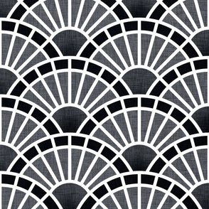 Serene Sunshine- 02 Graphite- Art Deco Wallpaper- Geometric Minimalist Monochromatic Scalloped Suns- Petal Cotton Solids Coordinate- Large