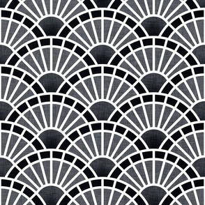 Serene Sunshine- 02 Graphite- Art Deco Wallpaper- Geometric Minimalist Monochromatic Scalloped Suns- Petal Cotton Solids Coordinate- Medium