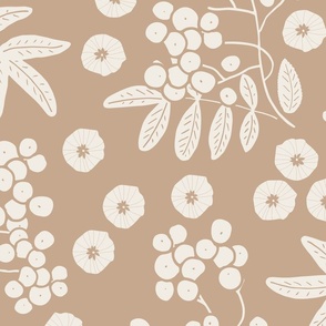 (XL) two-color design - white rowan berries with leaves and flowers on tan brown