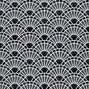 Serene Sunshine- 02 Graphite- Art Deco Wallpaper- Geometric Minimalist Monochromatic Scalloped Suns- Petal Cotton Solids Coordinate- Small