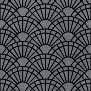Serene Sunshine- 02 Graphite on Gray- Art Deco Wallpaper- Geometric Minimalist Monochromatic Scalloped Suns- Petal Cotton Solids Coordinate- Medium