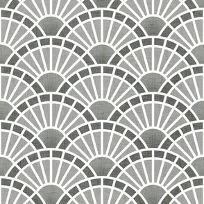 Serene Sunshine- 03 Pewter- Art Deco Wallpaper- Geometric Minimalist Monochromatic Scalloped Suns- Petal Cotton Solids Coordinate- Medium- Gray- Grey- Taupe- Neutral