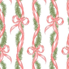 RED BOW WREATH SWAGS GARLAND FIR RIBBON CHRISTMAS TRELLIS STRIPE, SWAGS, GREENERY, TRADITIONAL PF074i