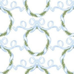 BLUE BOW CHRISTMAS Ribbon Wreath GARLAND, SWAG, GREENERY, WINTER HOLIDAYS, HANUKKAH PF075D