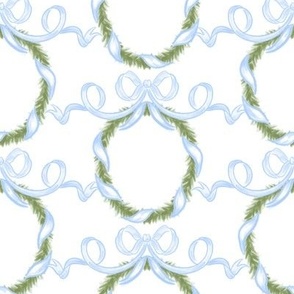 BLUE BOW CHRISTMAS Ribbon Wreath GARLAND, WINTER HOLIDAYS, HANUKKAH, BLUE AND WHITE, SWAGS AND BOWS PF075D