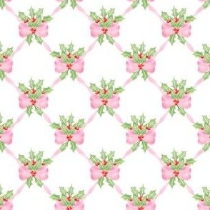 PINK CHRISTMAS RIBBON HOLLY BERRIES BOW TRELLIS VINE, SMALL SCALE, GINGHAM PF100A