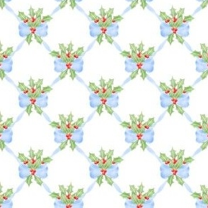 BLUE CHrISTMAS RIBBON HOLLY BERRIES BOW TRELLIS VINE, LATTCE,  BLUE & GREEN PF100B