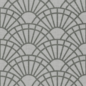 Serene Sunshine- 03 Pewter on Taupe- Art Deco Wallpaper- Geometric Minimalist Monochromatic Scalloped Suns- Petal Cotton Solids Coordinate- Large- Gray- Grey- Taupe- Neutral