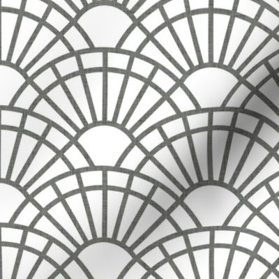 Serene Sunshine- 03 Pewter on White- Art Deco Wallpaper- Geometric Minimalist Monochromatic Scalloped Suns- Petal Cotton Solids Coordinate- Small- Gray- Grey- Taupe- Neutral