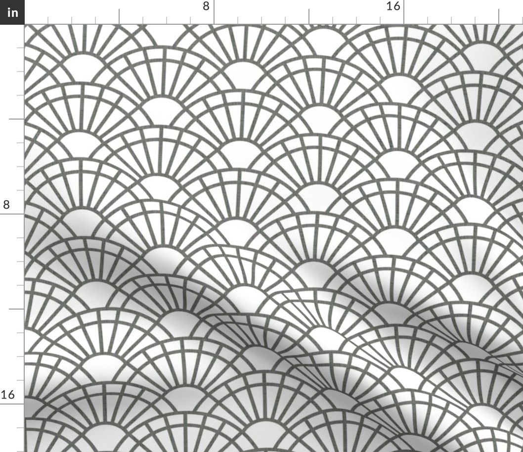 Serene Sunshine- 03 Pewter on White- Art Deco Wallpaper- Geometric Minimalist Monochromatic Scalloped Suns- Petal Cotton Solids Coordinate- Small- Gray- Grey- Taupe- Neutral