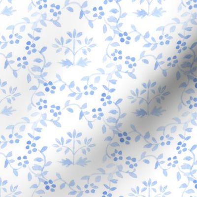 6" White on Blue Block Print Chinoiserie Floral Wreath Blue _ White Grand Millennial Preppy PF094A