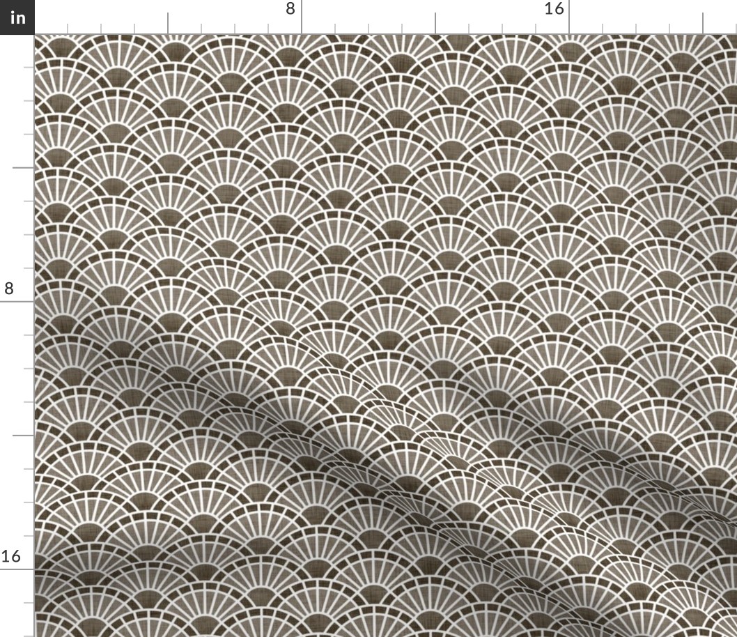 Serene Sunshine- 04 Bark- Art Deco Wallpaper- Geometric Minimalist Monochromatic Scalloped Suns- Petal Cotton Solids Coordinate- sMini- Taupe- Khaki- Ecru- Brown- Neutral