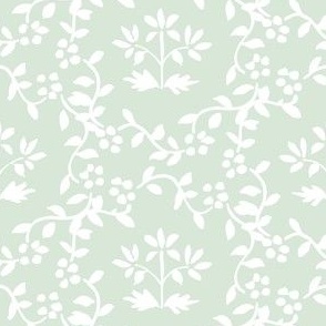 6" White on Muted Green Block Print Chinoiserie Floral Wreath Grand Millennial Preppy PF094G