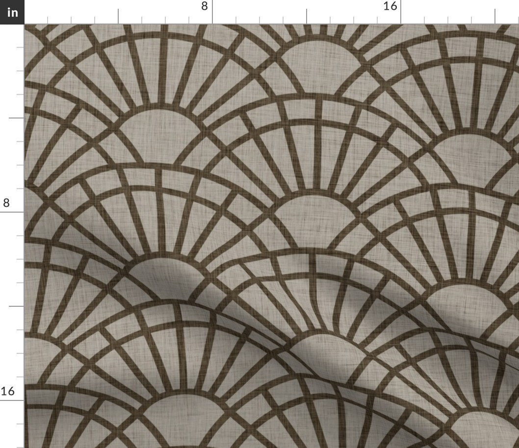 Serene Sunshine- 04 Bark on Khaki- Art Deco Wallpaper- Geometric Minimalist Monochromatic Scalloped Suns- Petal Cotton Solids Coordinate- Large- Taupe- Khaki- Ecru- Brown- Neutral