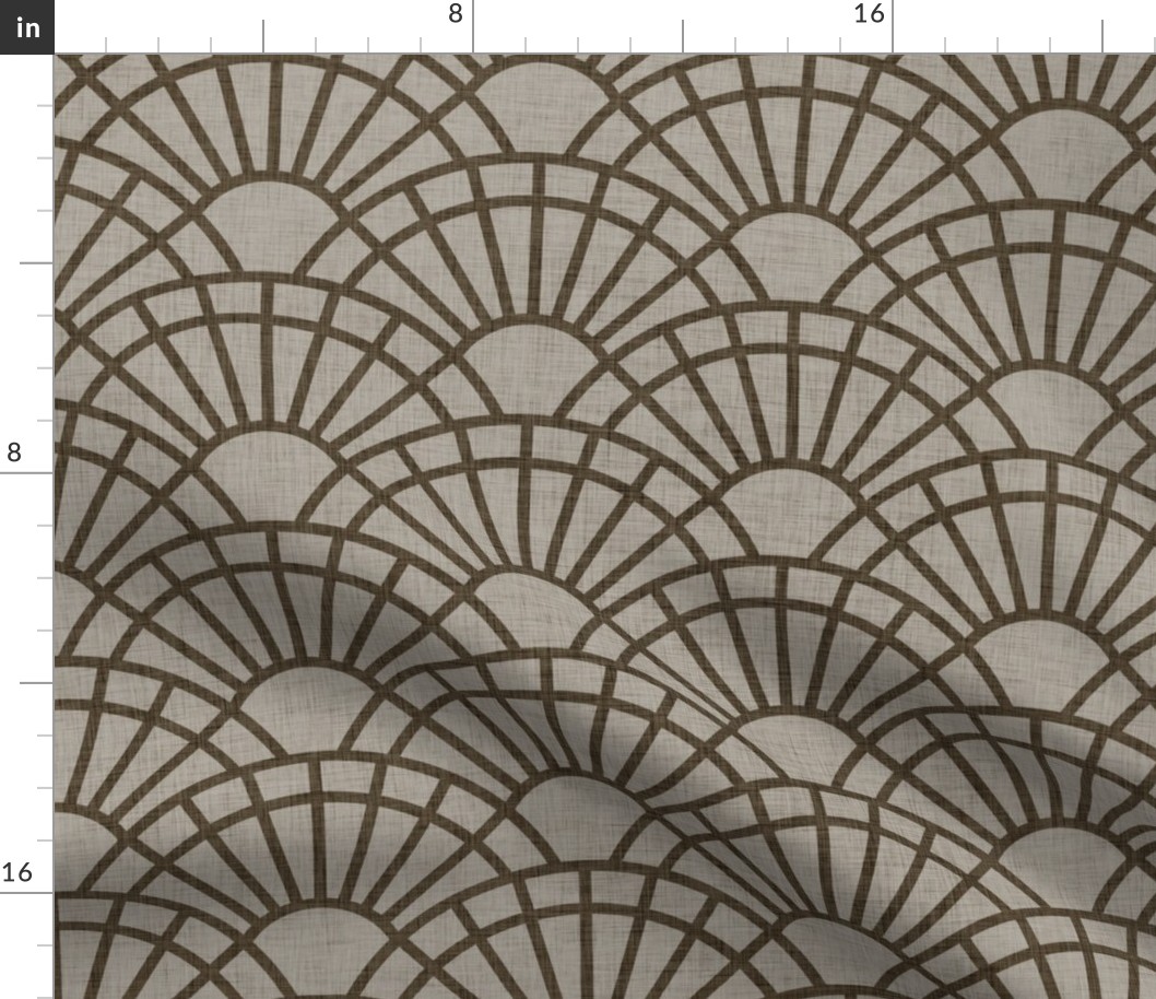 Serene Sunshine- 04 Bark on Khaki- Art Deco Wallpaper- Geometric Minimalist Monochromatic Scalloped Suns- Petal Cotton Solids Coordinate- Medium- Taupe- Khaki- Ecru- Brown- Neutral