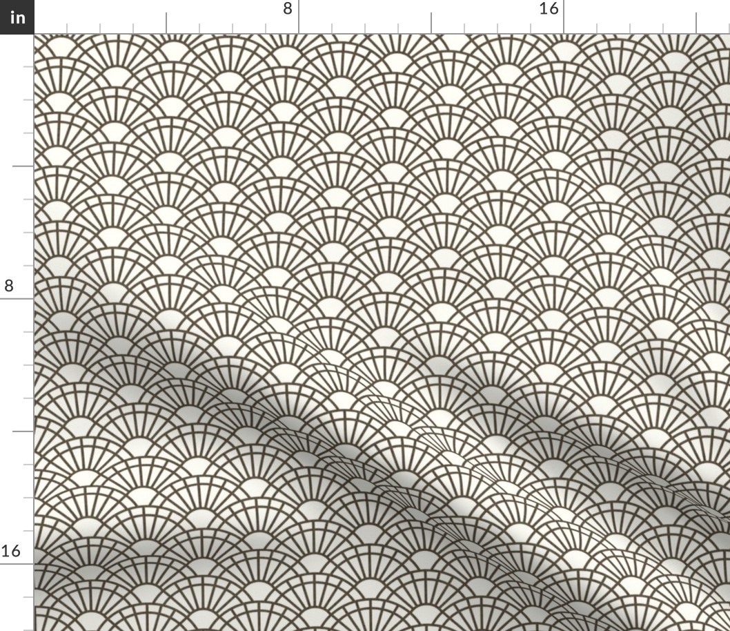 Serene Sunshine- 04 Bark on Natural- Art Deco Wallpaper- Geometric Minimalist Monochromatic Scalloped Suns- Petal Cotton Solids Coordinate- sMini- Taupe- Khaki- Ecru- Brown- Neutral