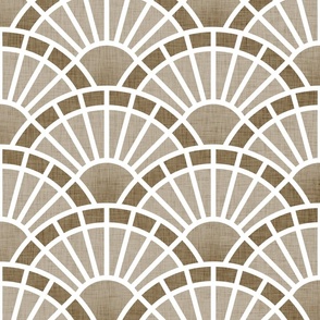 Serene Sunshine- 05 Mushroom- Art Deco Wallpaper- Geometric Minimalist Monochromatic Scalloped Suns- Petal Cotton Solids Coordinate- Large- Taupe- Khaki- Ecru- Brown- Beige- Neutral